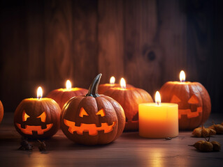 Scary smiling orange Halloween pumpkins and burning candles on a dark wooden background, Generative AI, generative artificial intelligence