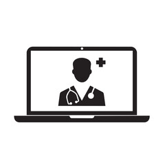 Icono de un médico en la pantalla de una computadora portátil. Vector