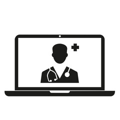 Un médico en la pantalla de una computadora portátil sobre un fondo blanco. Vista de frente y de cerca. Copy space