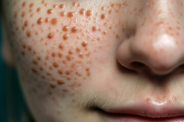 Fototapeta premium Infectious or viral skin disease, red pimples, blisters, rash and inflammation on the face closeup, treatment of chickenpox, AI Generated