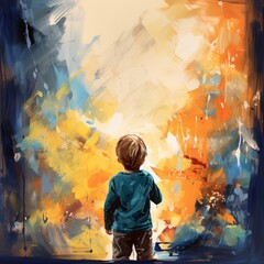 CHILD LOOKING AT AN ORANGE AND BLUE PAINTED WALL. IMAGE AI