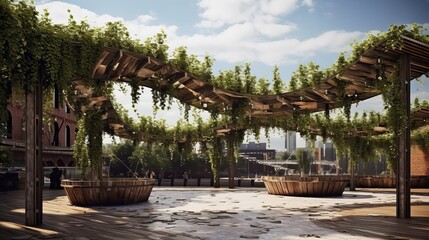Obraz premium parametric pergola in old wood with plants hanging. image ai
