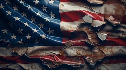 crumpled american flag waving in the wind. image ai