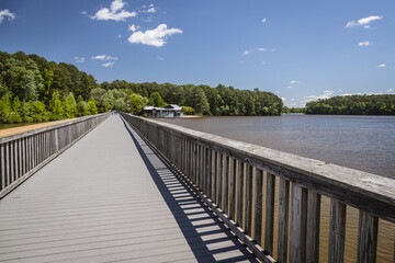 Wooden bridge over Lake Johnson, Raleigh, North Carolina, USA