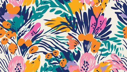 Abstract trendy exotic floral mix pattern. Collage contemporary seamless pattern. Hand drawn cartoon style pattern. Line art ornament