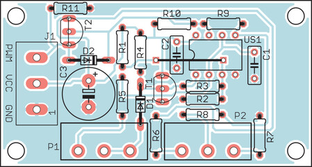 Vector printed circuit board of an electronic 
device with components of radio elements, 
conductors and contact pads placed on it. 
Engineering drawing.