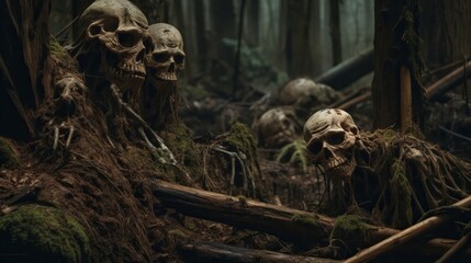 SKULLS AND BONES IN AN ABANDONED CEMETERY. IMAGE AI