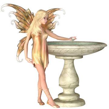 golden fairy near stone fountain clip art preview