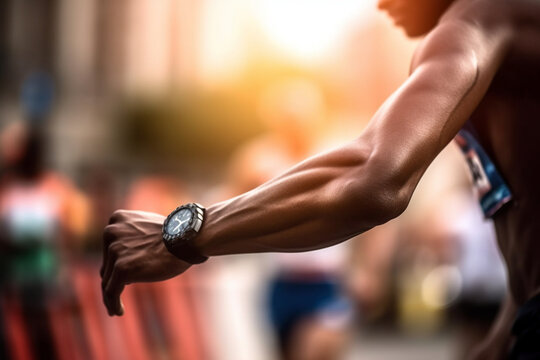 A close-up shot of an athlete's arms and torso as they cross the finish line from behind, with a blurred bokeh background of the other athletes and the finish line arch Athlete run Generative AI