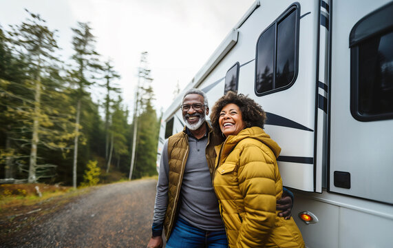 Happy Senior Couple Camping, Enjoying Time Together, Smiling, Camper Van In The Background, AI Generated