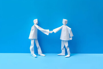 Two origami paper business figure shaking hands