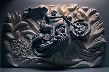 Motorbike wall carving, Generative AI