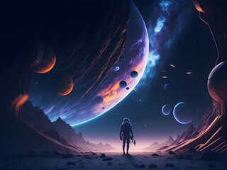 Futuristic Space Landscape, Planets, stars, Galaxy, Cosmos, Robots, Astronauts, Sky, Moon, Sun,...