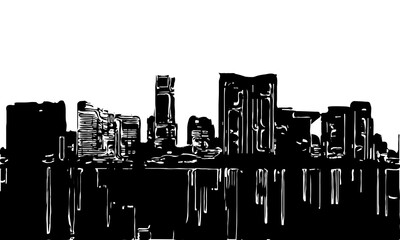 black and white sketch of a multi-storey building in a big city seen from a distance with transparent background