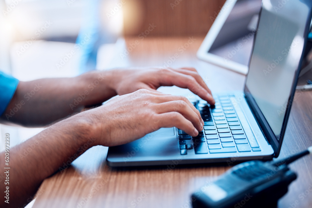 Poster laptop, radio and hands of security typing or writing an investigation project at a law enforcement 