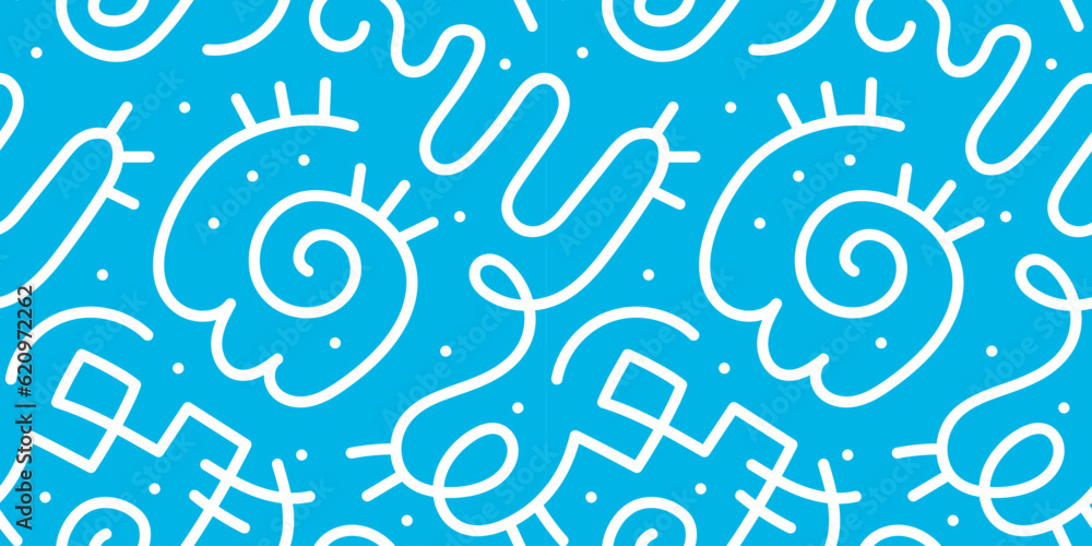 Poster Fun line doodle seamless pattern. Creative abstract squiggle style drawing background for children or trendy design with basic shapes. Simple childish scribble wallpaper print.