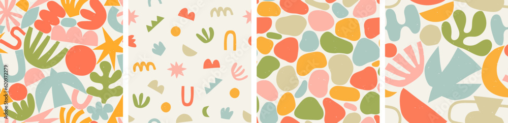 Poster abstract modern art seamless pattern set with colorful freehand doodles. organic flat cartoon backgr