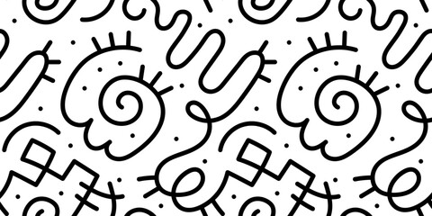 Fun black and white line doodle seamless pattern. Creative abstract squiggle style drawing background for children or trendy design with basic shapes. Simple childish scribble wallpaper print.