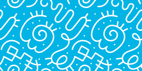 Fun line doodle seamless pattern. Creative abstract squiggle style drawing background for children or trendy design with basic shapes. Simple childish scribble wallpaper print.