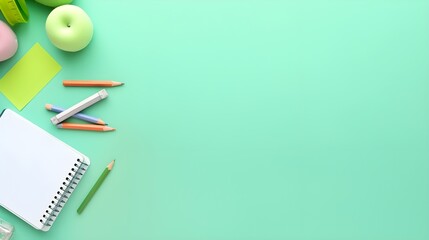 school supplies with clean green pastel background. Generative AI