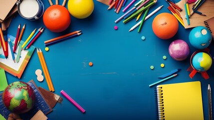 school supplies scattered on clean blue background. Generative AI