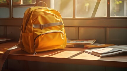 Yellow school bag on the table in class. Generative AI