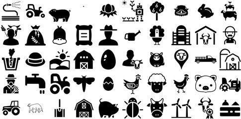 Massive Collection Of Farm Icons Collection Hand-Drawn Black Drawing Pictogram Farm Animal, Silhouette, Tool, Icon Symbols For Computer And Mobile