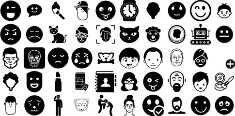 Big Collection Of Face Icons Pack Isolated Drawing Pictograms Laundered, Silhouette, Farm Animal, Profile Doodles Isolated On White Background