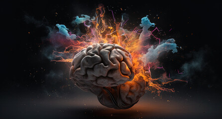 Concept art of a human brain exploding with knowledge and creativity. Brain tree. Generative AI
