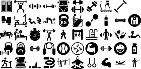 Huge Collection Of Fitness Icons Set Hand-Drawn Solid Simple Glyphs Health, Bicep, Icon, Silhouette Silhouette Isolated On White Background