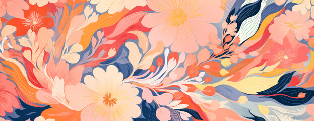 Fototapeta na wymiar Bright abstract floral seamless pattern, with orange, beige, and green colors, in the style of large brushstrokes/loose brushwork, light pink.