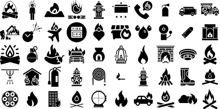 Mega Collection Of Fire Icons Bundle Hand-Drawn Solid Drawing Pictograms Fire, Doorway, Icon, Wind Pictogram For Apps And Websites