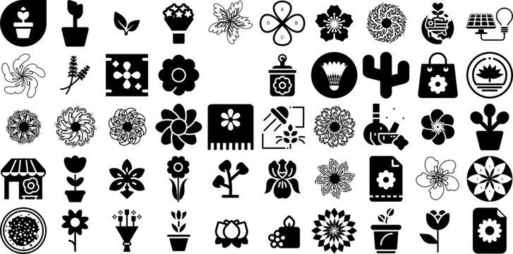 Huge Set Of Flower Icons Bundle Hand-Drawn Black Drawing Web Icon Princess, Drawn, Mark, Silhouette Pictograph Isolated On Transparent Background