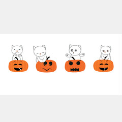 Cute cats with pumpkins. Happy Halloween greeting card