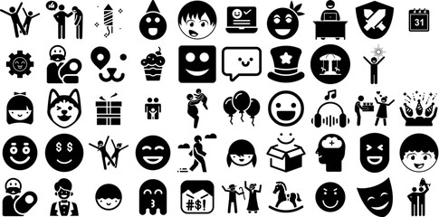 Big Collection Of Happy Icons Set Hand-Drawn Black Drawing Signs Sad, Symbol, Team, Icon Illustration For Apps And Websites - obrazy, fototapety, plakaty