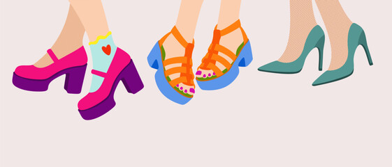 Vector colorful set of woman's shoes on light background.