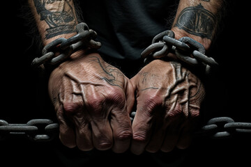 Fototapeta na wymiar Hands in chains. Slavery, arrest, violence concept. Generative Ai