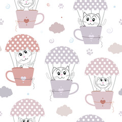 Cute cats with hot air balloon seamless fabric design pattern
