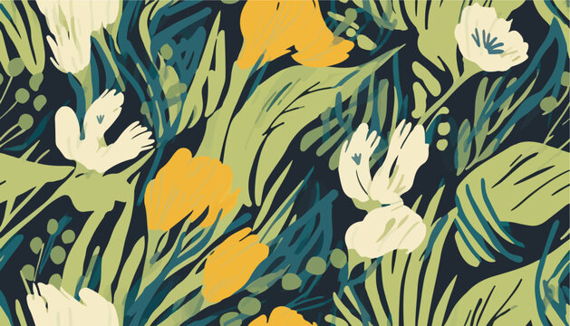 Fototapeta Hand drawn abstract flowers and organic shapes pattern. Collage contemporary print. Fashionable template for design.