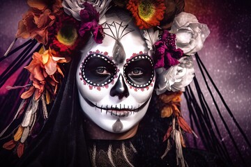 Portrait of a beautiful woman with sugar skull makeup. Dia de los muertos. Day of The Dead. Santa Muerte celebration. Generative AI.