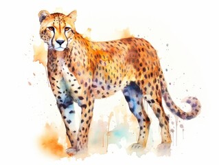 Watercolor painted  exotic wild cheetah, cat Leopard, isolated on white background - obrazy, fototapety, plakaty
