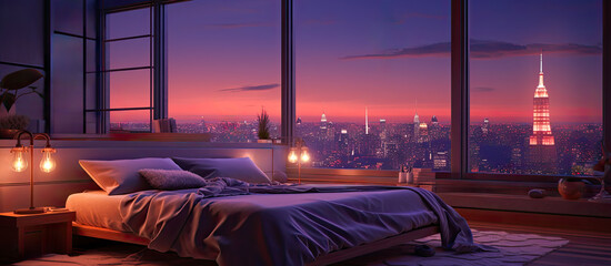Illustration of a cozy modern high-rise penthouse apartment in New York with a cityscape view. The purple interior design is relaxing and chic. - obrazy, fototapety, plakaty