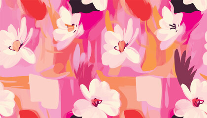 Hand drawn bright cute pink artistic flowers print. Modern botanical geometric pattern. Fashionable template for design.