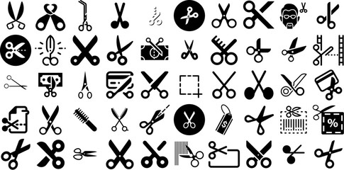Massive Collection Of Scissors Icons Set Hand-Drawn Linear Simple Glyphs Wrench, Silhouette, Symbol, Icon Pictograms Isolated On White