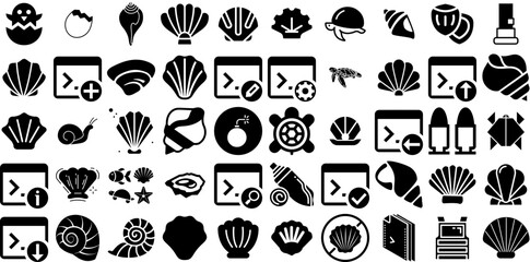 Huge Set Of Shell Icons Set Hand-Drawn Solid Cartoon Symbols Oyster Shell, Shell, Clam, Crab Pictograms Isolated On White Background