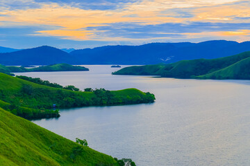 Sentani lake and mountains, jayapura, papua, indonesia