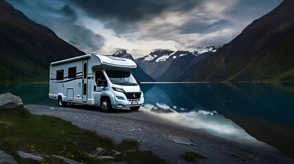 Camper parked at a Lake, mountains in background, Scandinavian