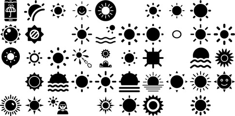 Fototapeta premium Big Set Of Sunshine Icons Collection Hand-Drawn Isolated Design Glyphs Doodle, Yellow, Icon, Warm Doodles For Computer And Mobile