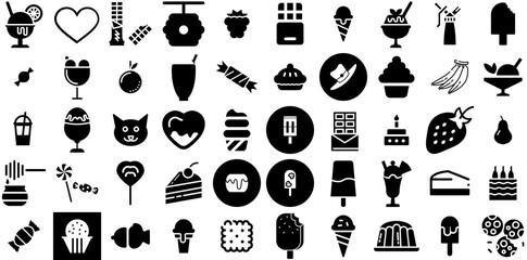 Huge Set Of Sweet Icons Set Hand-Drawn Isolated Design Symbols Icon, Ribbon, Cherry, Donut Signs Isolated On White Background