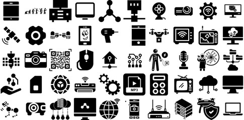 Massive Collection Of Technology Icons Set Isolated Vector Silhouettes Coin, Illumination, Tool, Printing Graphic Isolated On Transparent Background